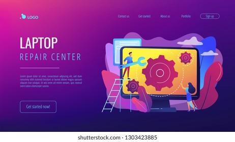 Computer technician with wrench repairing computer screen with gears. Computer service, laptop repair center, notebook setup service concept. Website vibrant violet landing web page template.