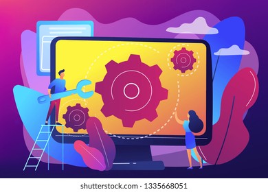 Computer technician with wrench repairing computer screen with gears. Computer service, laptop repair center, notebook setup service concept. Bright vibrant violet vector isolated illustration