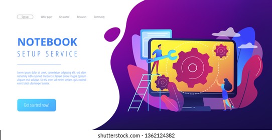 Computer technician with wrench repairing computer screen with gears. Computer service, laptop repair center, notebook setup service concept. Website vibrant violet landing web page template.