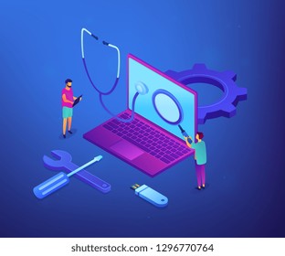Computer technicians repair laptop with magnifier, stethoscope and tools. Computer service, laptop repair center, notebook setup service concept. Ultraviolet neon vector isometric 3D illustration.