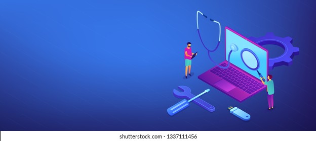 Computer technicians repair laptop with magnifier, stethoscope and tools. Computer service, laptop repair center, notebook setup service concept. Isometric 3D banner header template copy space.