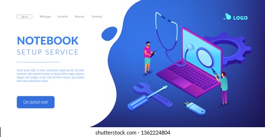 Computer technicians repair laptop with magnifier, stethoscope and tools. Computer service, laptop repair center, notebook setup service concept. Isometric 3D website app landing web page template