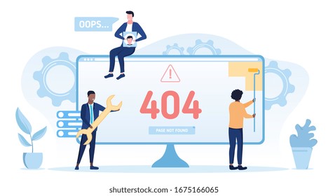 Computer technicians repairing a 404 Not Found online error concept with a businessman holding a spanner and one trying to paint over the screen, vector illustration