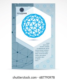Computer technologies creative advertisement brochure. Abstract three-dimensional blue shape, vector design element.