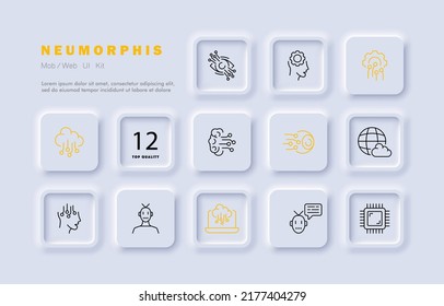 Computer technologies set icon. Gear, settings, cloud storage, sync, view, vision, share, planet, internet, robot, chip. Metaverse concept. Neomorphism. Vector line icon for Business and Advertising.
