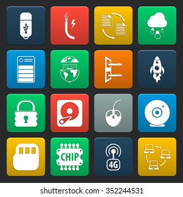 computer, technology 16 icons universal set for web and mobile flat