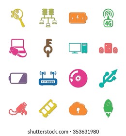 computer, technology 16 icons universal set for web and mobile flat