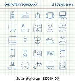 Computer Technology 25 Doodle Icons. Hand Drawn Business Icon set