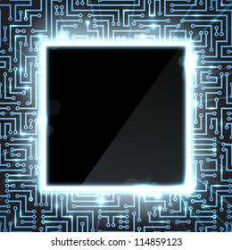 Computer technology background with semiconductor tracks and digital signals shown as blue sparkles. CPU in the middle. EPS10 vector background.