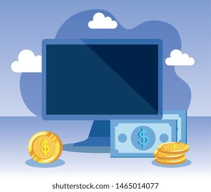 computer technology with bills and coins money