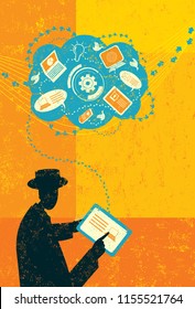 Computer Technology Blog. A businessman adding information to his computer technology blog. 