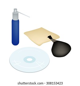 Computer and Technology, CD or DVD Compact Disc with Cleaning Liquid and Accessories Isolated on White Background.