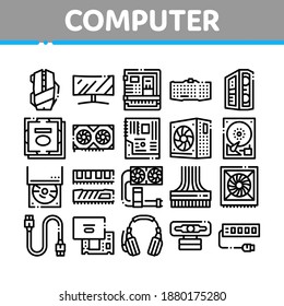 Computer Technology Collection Icons Set Vector. Computer Mouse And Keyboard, Monitor And Video Card, Earphones And Cooler, Disk And Cord Concept Linear Pictograms. Monochrome Contour Illustrations