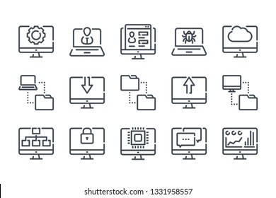 Computer technology and Development related line icon set. Data transfer and computer options linear vector icon collection.