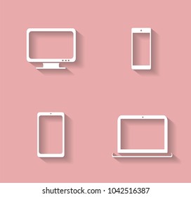 Computer technology device icons, modern light pink color with shadow