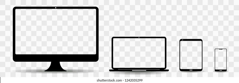 computer technology device templates: desktop computer, laptop, tablet and smartphone vector illustration