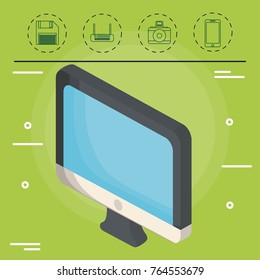 computer and technology devices related icons over green background colorful design vector illustration