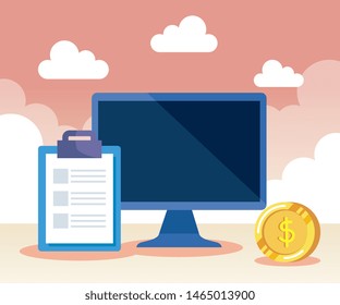 computer technology with document and coin cash money