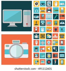 Computer technology and electronics devices, mobile phone communication and digital products. Flat design style modern pictogram collection