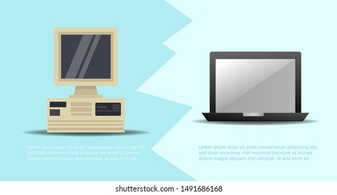 Computer technology evolution vector illustration. Old personal computer vs modern powerful laptop or notebook. Pc and computers evolution and equipment comparison.