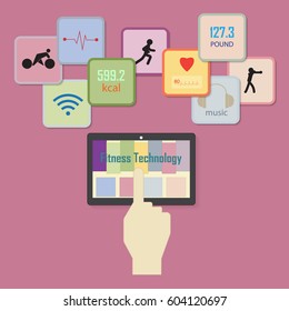 Computer technology in fitness and sports. A set of gadgets on the tablet to sports training.