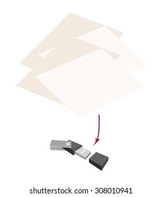 Computer and Technology,  Flash Memory and Pen Lying on Blank Paper Isolated on White Background.