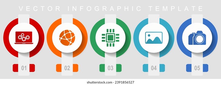 Computer and technology flat design icon set, miscellaneous icons such as laptop, network, chip, image and photo camera, vector infographic template, web buttons collection