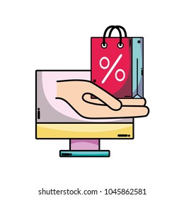 computer technology and hand with shopping bag