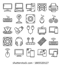 Computer, Technology, and Hardware line icons set vector illustration. Memory, Print, Phone, Desktop, laptop, Sound, Router, Mouse, Smartphone, Keyboard, Cam. Pixel perfect. Editable Stroke.
