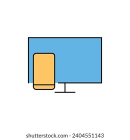 Icono de Tecnología Informática. Versión de color de línea, glifo y contorno relleno, contorno de pantalla de monitor y signo vectorial relleno. Símbolo, logotipo