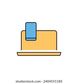 Icono de Tecnología Informática. Versión de color de línea, glifo y contorno relleno, contorno de pantalla de monitor y signo vectorial relleno. Símbolo, logotipo