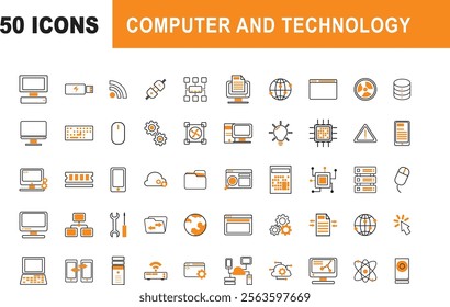 Computer and Technology Icon Set. 50 Line Icon Set of Machine Technology and Computer Science. Vector Illustration of Computer Icon Set.