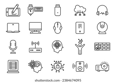 computer technology icon set. laptop, monitor, cloud computing, humanoid, firewall, access point, cyber security, etc. line icon style design. Simple vector design editable