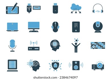computer technology icon set. laptop, monitor, cloud computing, humanoid, firewall, access point, cyber security, etc. solid icon style design. Simple vector design editable