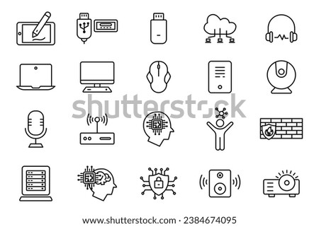 computer technology icon set. laptop, monitor, cloud computing, humanoid, firewall, access point, cyber security, etc. line icon style design. Simple vector design editable