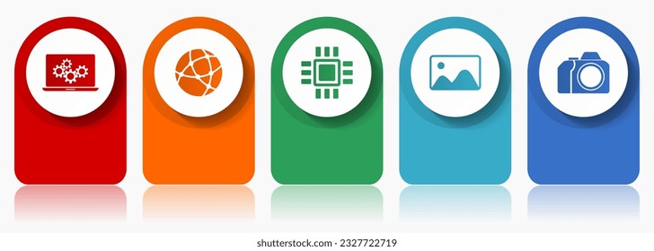 Computer and technology icon set, miscellaneous vector icons such as laptop, network, chip, image and photo camera, modern design infographic template, web buttons in 5 color options