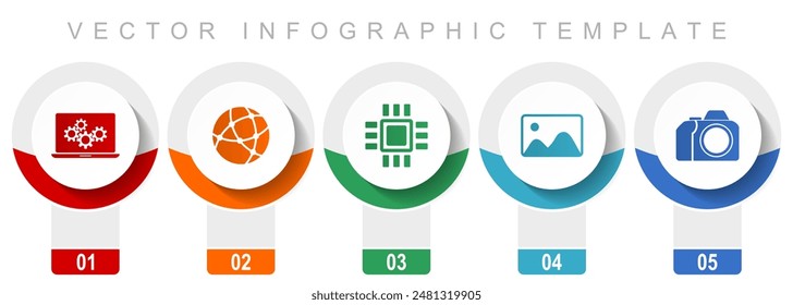 Computer and technology icon set, miscellaneous vector icons such as laptop, network, chip, image and photo camera, modern design infographic template, web buttons in 5 color options