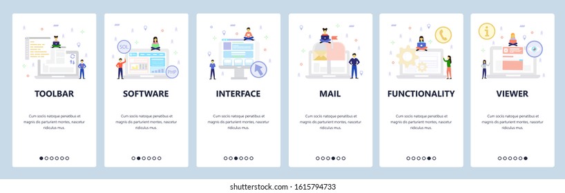 Computer technology icons, interface, software development. Mobile app onboarding screens. Menu vector banner template for website and mobile development. Web site design flat illustration.