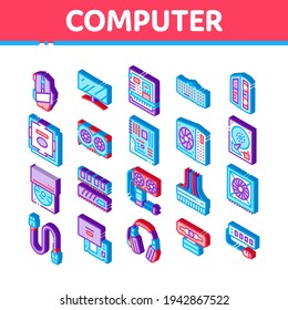 Computer Technology Icons Set Vector. Isometric Computer Mouse And Keyboard, Monitor And Video Card, Earphones And Cooler, Disk And Cord Illustrations
