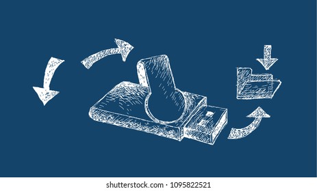 Computer and Technology, Illustration Hand Drawn Sketch of USB Drive or Usb Flash Memory on Blueprint Background. A Data Storage Device.
