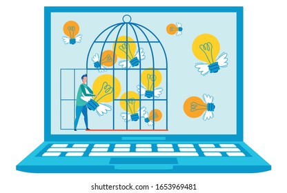 Computer Technology Innovations Flat Illustration. Laptop Screen with Man Catching Winged Lightbulbs in Birdcage Cartoon Character. Using Social Media for Inspiration, Promoting Fresh Ideas