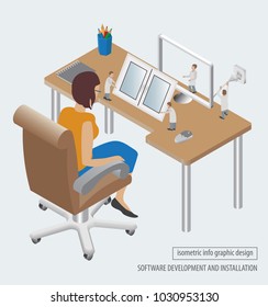Computer technology isometric collection. Software development and installation. Vector illustration
