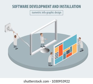 Computer technology isometric collection. Software development and installation. Vector illustration