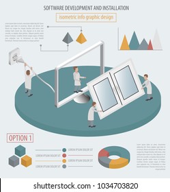 Computer technology isometric collection. Software development and installation. Vector illustration
