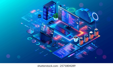 Computer technology isometric concept. Software development, programming, coding. PC, laptop, phone on desk. Environment of programming software. Computer network technology. Network communications.