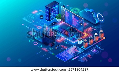 Computer technology isometric concept. Software development, programming, coding. PC, laptop, phone on desk. Environment of programming software. Computer network technology. Network communications.