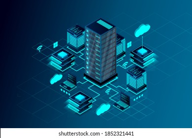 Computer technology isometric icon, server room, digital device set, element for design, pc laptop, server, cloud storage, vector illustration
