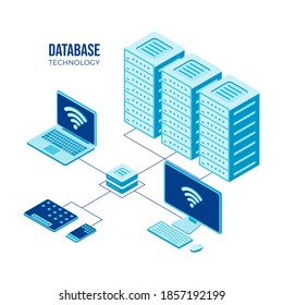 Computer technology isometric icon, server room, database, digital device set, element for design, pc laptop Illustration Vector.