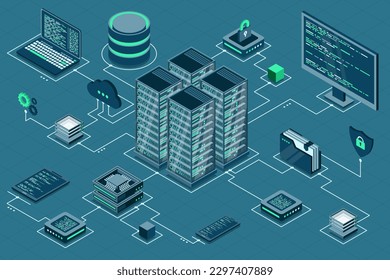 Computer technology isometric illustration. Computation of big data center. Cloud computing. Online devices upload and download information. Modern 3d isometric vector illustration