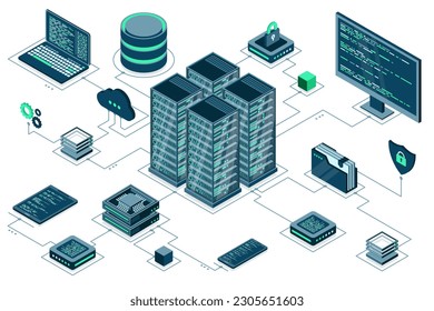 Computer technology isometric illustration. Computation of big data center. Cloud computing. Online devices upload and download information. Modern 3d isometric vector illustration